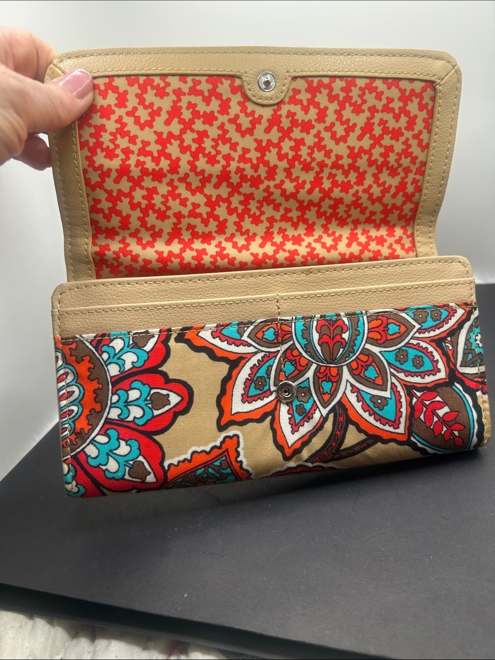 Vera Bradley Tan Fold-Over Wallet with Multicolor Paisley Accent